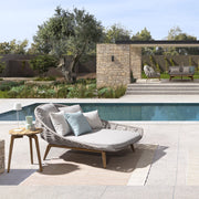 Kétszemélyes, bézs színű, design kerti pihenőágy natúr színű teakfa lábakkal