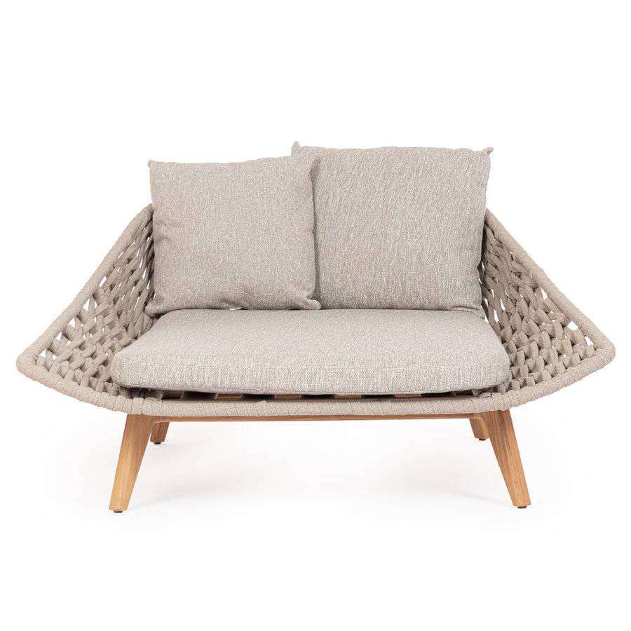 Kétszemélyes, bézs színű, design kerti pihenőágy natúr színű teakfa lábakkal