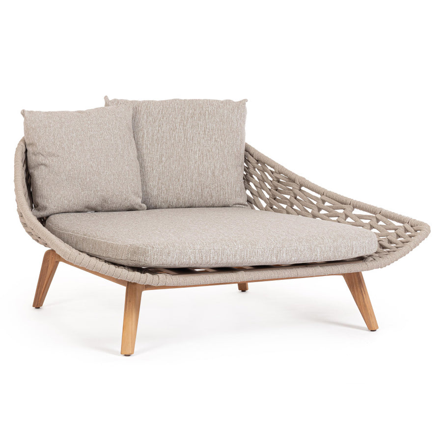 Kétszemélyes, bézs színű, design kerti pihenőágy natúr színű teakfa lábakkal