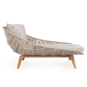 Kétszemélyes, bézs színű, design kerti pihenőágy natúr színű teakfa lábakkal