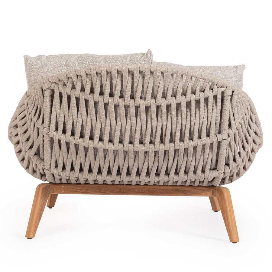 Kétszemélyes, bézs színű, design kerti pihenőágy natúr színű teakfa lábakkal