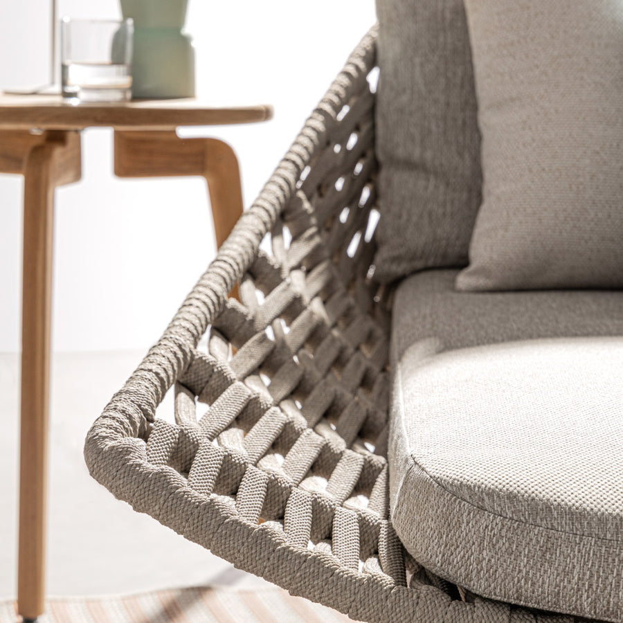 Kétszemélyes, bézs színű, design kerti pihenőágy natúr színű teakfa lábakkal