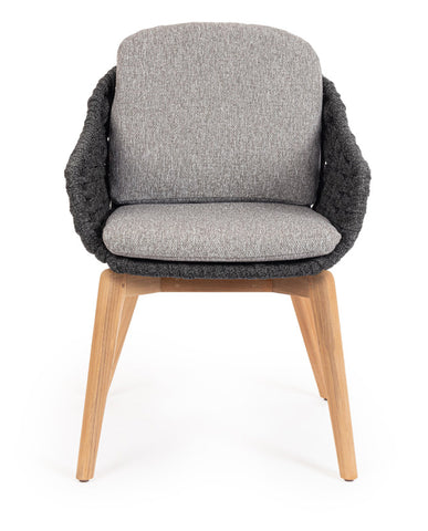 Kortárs stílusú,  szürke színű, design kerti szék natúr színű teakfa lábakkal