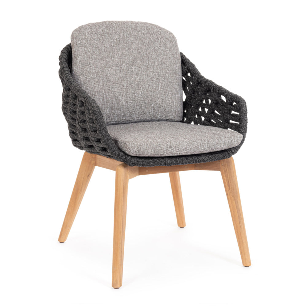 Kortárs stílusú, szürke színű, design kerti szék natúr színű teakfa lábakkal