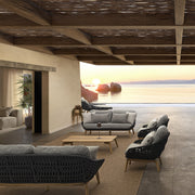 Kortárs stílusú, szürke színű, design kerti fotel natúr színű teakfa lábakkal