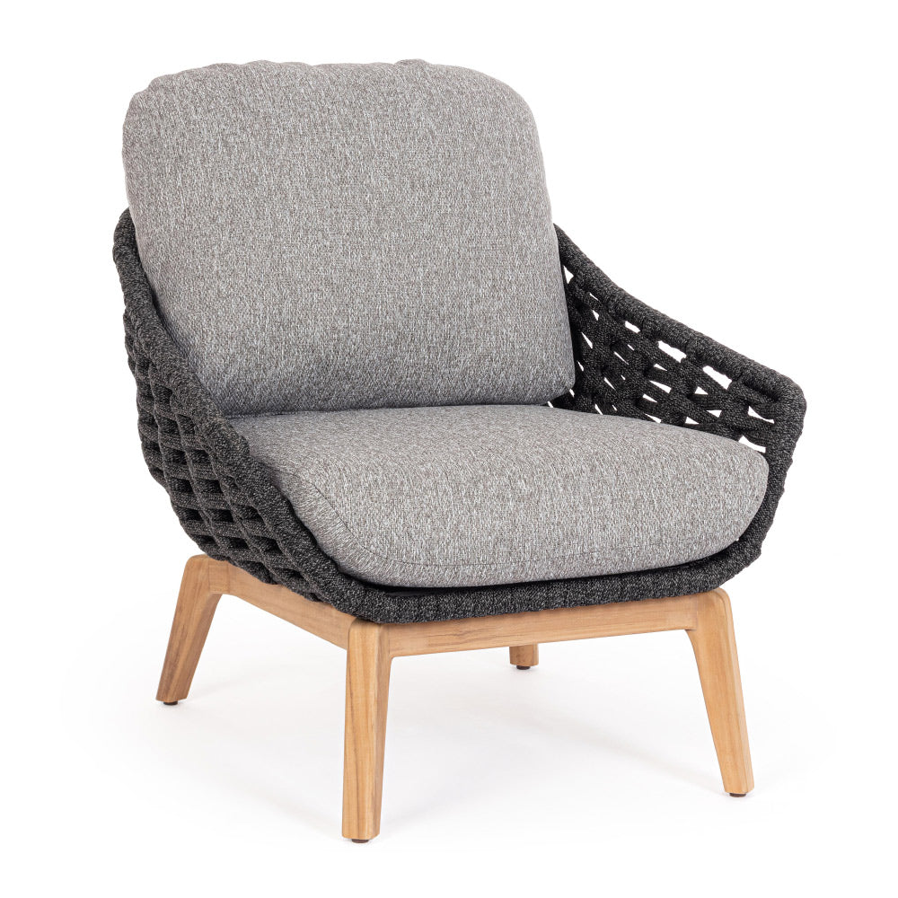 Kortárs stílusú, szürke színű, design kerti fotel natúr színű teakfa lábakkal