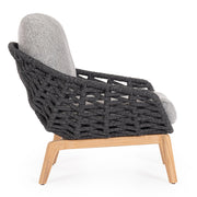 Kortárs stílusú, szürke színű, design kerti fotel natúr színű teakfa lábakkal