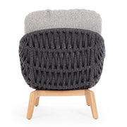 Kortárs stílusú, szürke színű, design kerti fotel natúr színű teakfa lábakkal