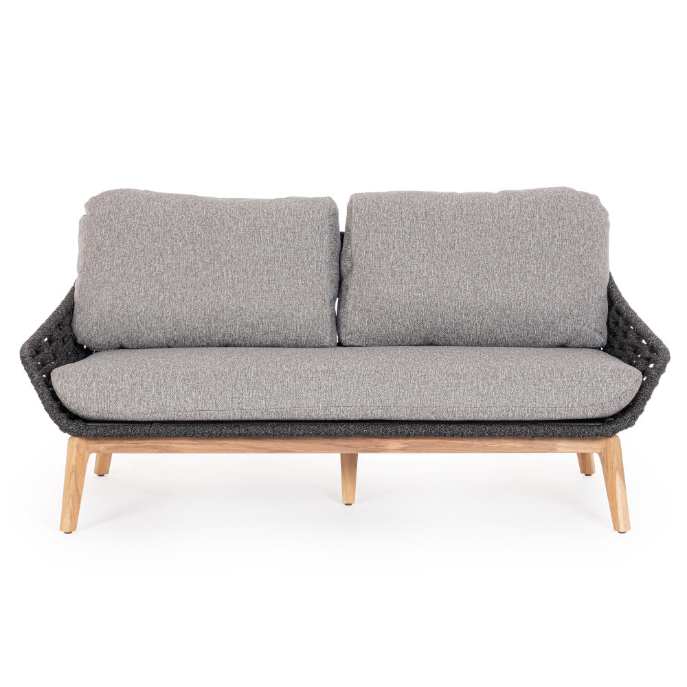Kétszemélyes, szürke színű, design kerti kanapé szürke natúr színű teakfa lábakkal