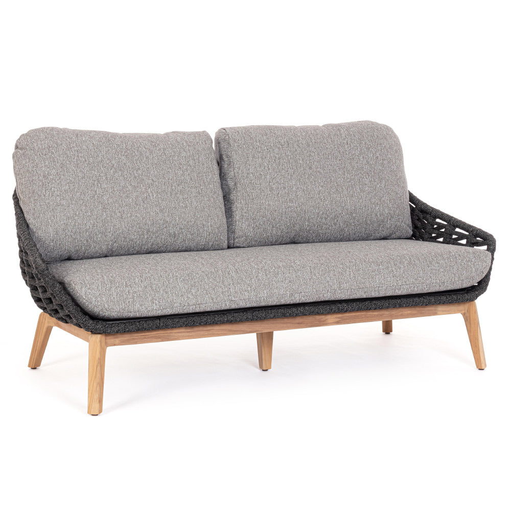 Kétszemélyes, szürke színű, design kerti kanapé szürke natúr színű teakfa lábakkal