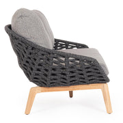 Kétszemélyes, szürke színű, design kerti kanapé szürke natúr színű teakfa lábakkal