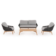 Kétszemélyes, szürke színű, design kerti kanapé szürke natúr színű teakfa lábakkal