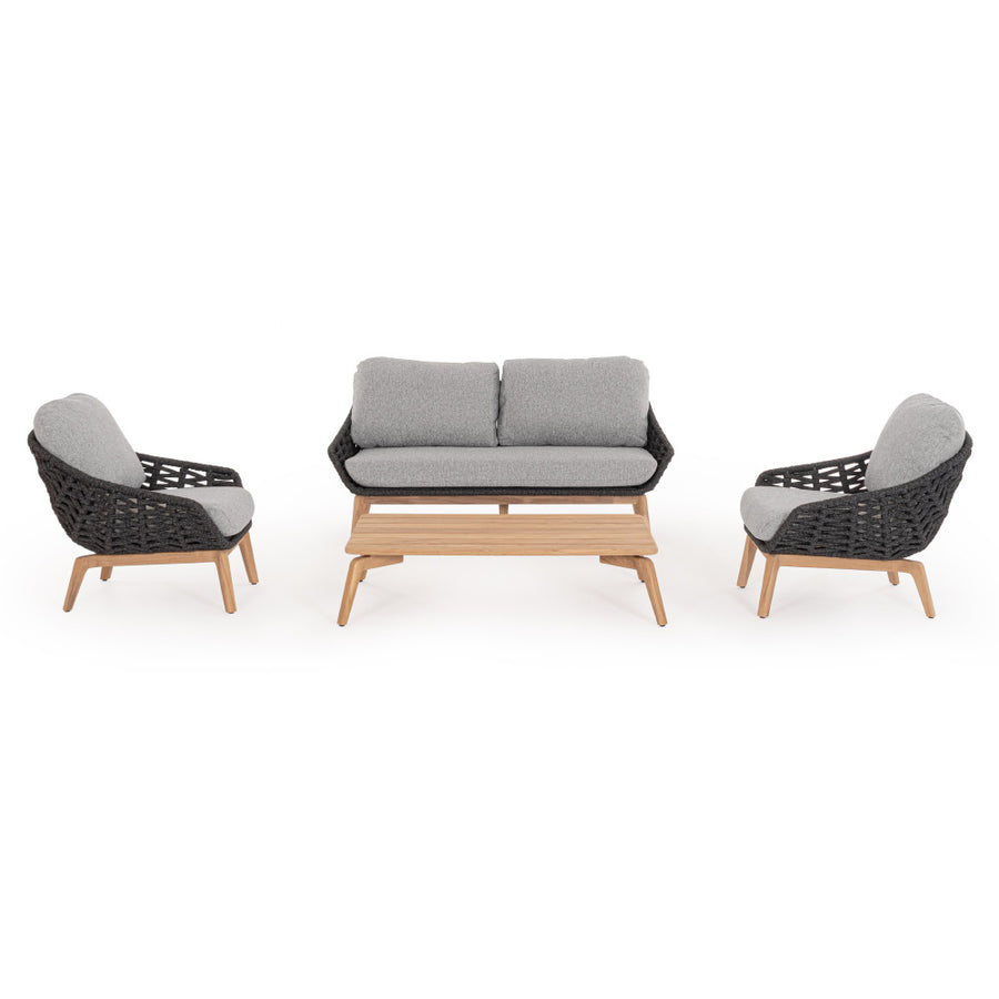 Kétszemélyes, szürke színű, design kerti kanapé szürke natúr színű teakfa lábakkal