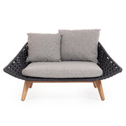 Kétszemélyes, szürke színű, design kerti pihenőágy natúr színű teakfa lábakkal