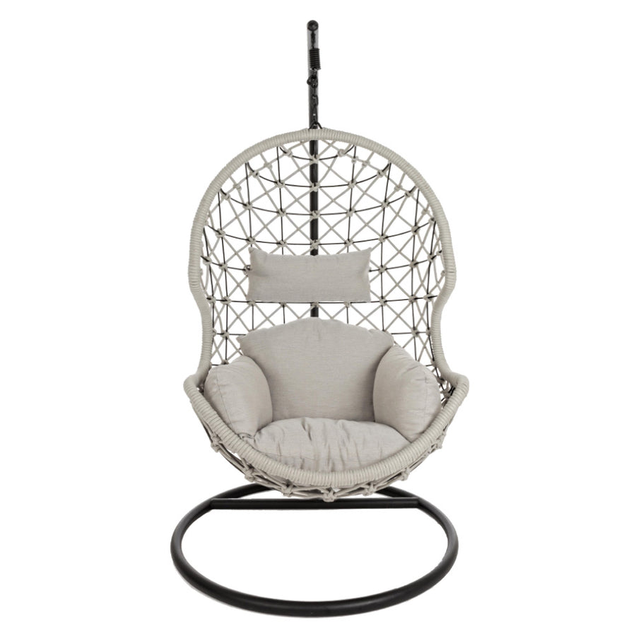 Kelly tojás formájú kültéri függőfotel szürke párnákkal front nézet