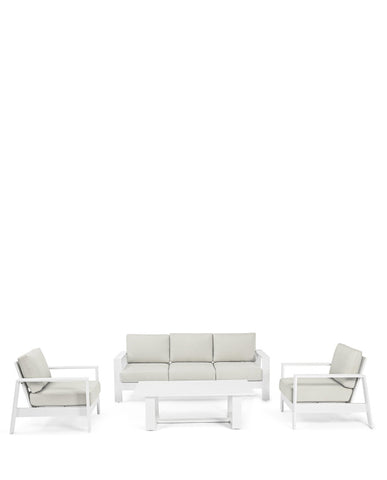 Kortárs stílusú, négy részes, fehér színű, fém kerti bútor szett szürke színű, olefin kárpitozású ülőfelülettel