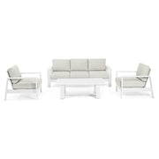 Kortárs stílusú, négy részes, fehér színű, fém kerti bútor szett szürke színű, olefin kárpitozású ülőfelülettel