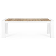 Bővíthető, fehér színű alumínium étkezőasztal natúr színű teakfa fedlappal.