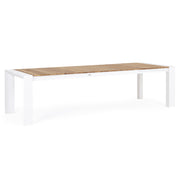Bővíthető, fehér színű alumínium étkezőasztal natúr színű teakfa fedlappal.