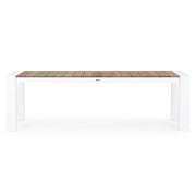 Óriás méretű, bővíthető, fehér színű alumínium étkezőasztal natúr színű teakfa fedlappal.