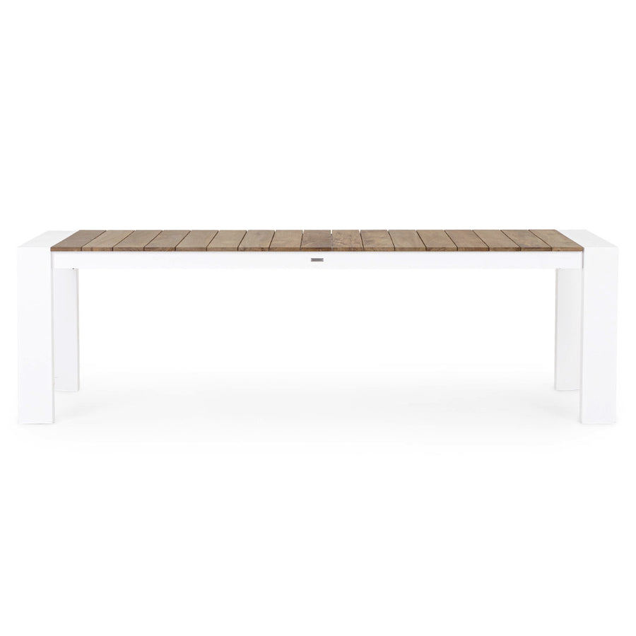 Óriás méretű, bővíthető, fehér színű alumínium étkezőasztal natúr színű teakfa fedlappal.