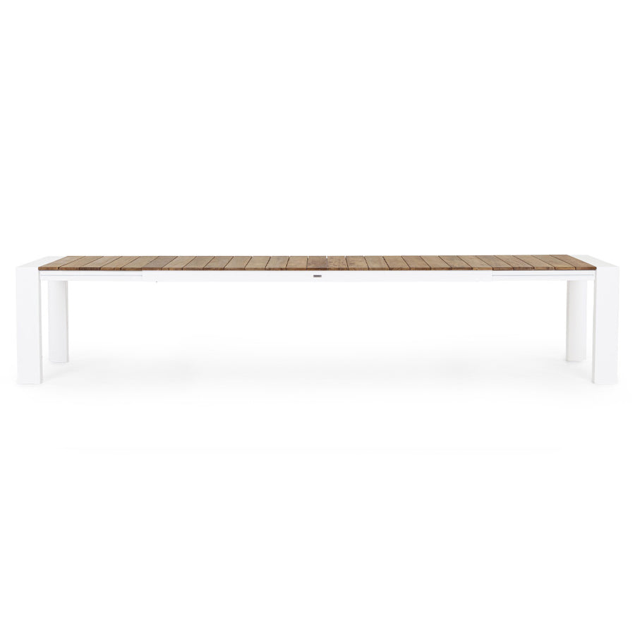 Óriás méretű, bővíthető, fehér színű alumínium étkezőasztal natúr színű teakfa fedlappal.