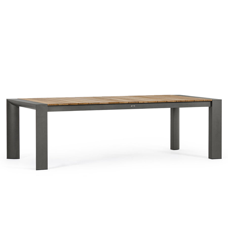 Óriás méretű, bővíthető, sötétszürke színű alumínium étkezőasztal natúr színű teakfa fedlappal.