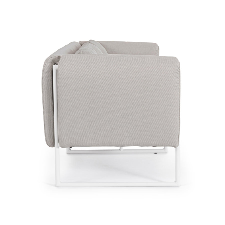 Kortárs stílusú, fehér és bézs színű, alumíniumvázas, 3 személyes kerti design kanapé.