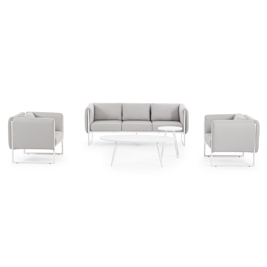 Kortárs stílusú, fehér és bézs színű, alumíniumvázas, 3 személyes kerti design kanapé