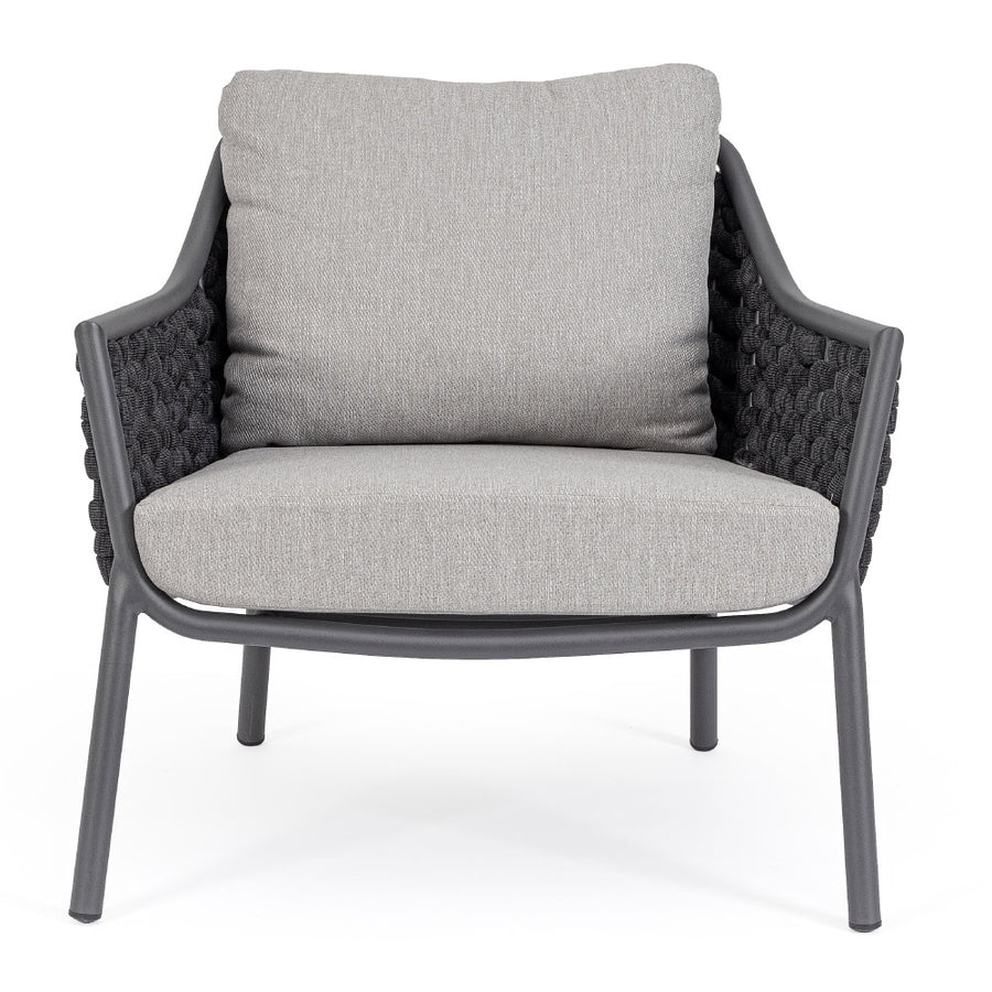 Szürke színű, design kerti fotel alumínium vázzal, kötélfonat burkolattal