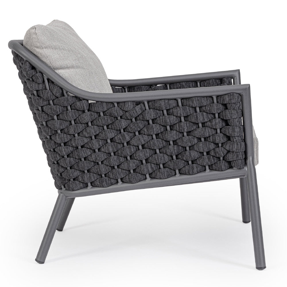 Szürke színű, design kerti fotel alumínium vázzal, kötélfonat burkolattal