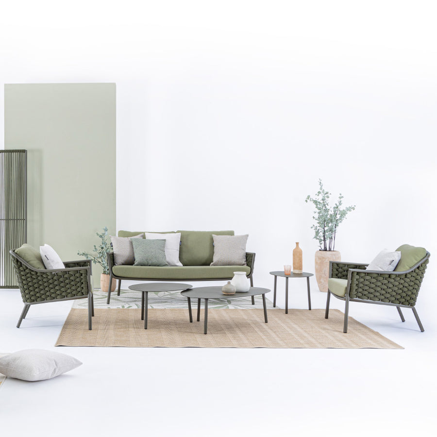 Olívazöld színű, design kerti fotel alumínium vázzal, kötélfonat burkolattal