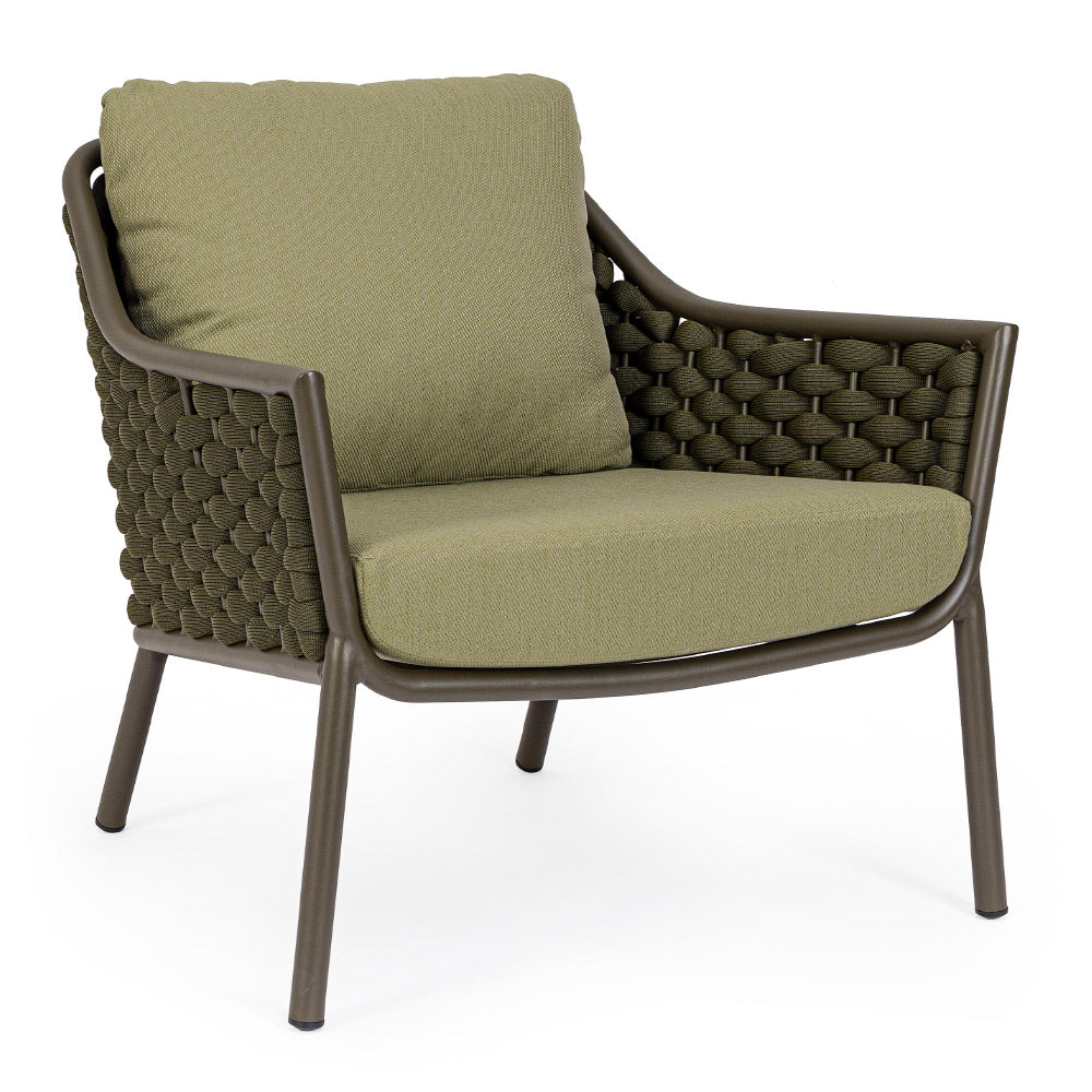 Olívazöld színű, design kerti fotel alumínium vázzal, kötélfonat burkolattal