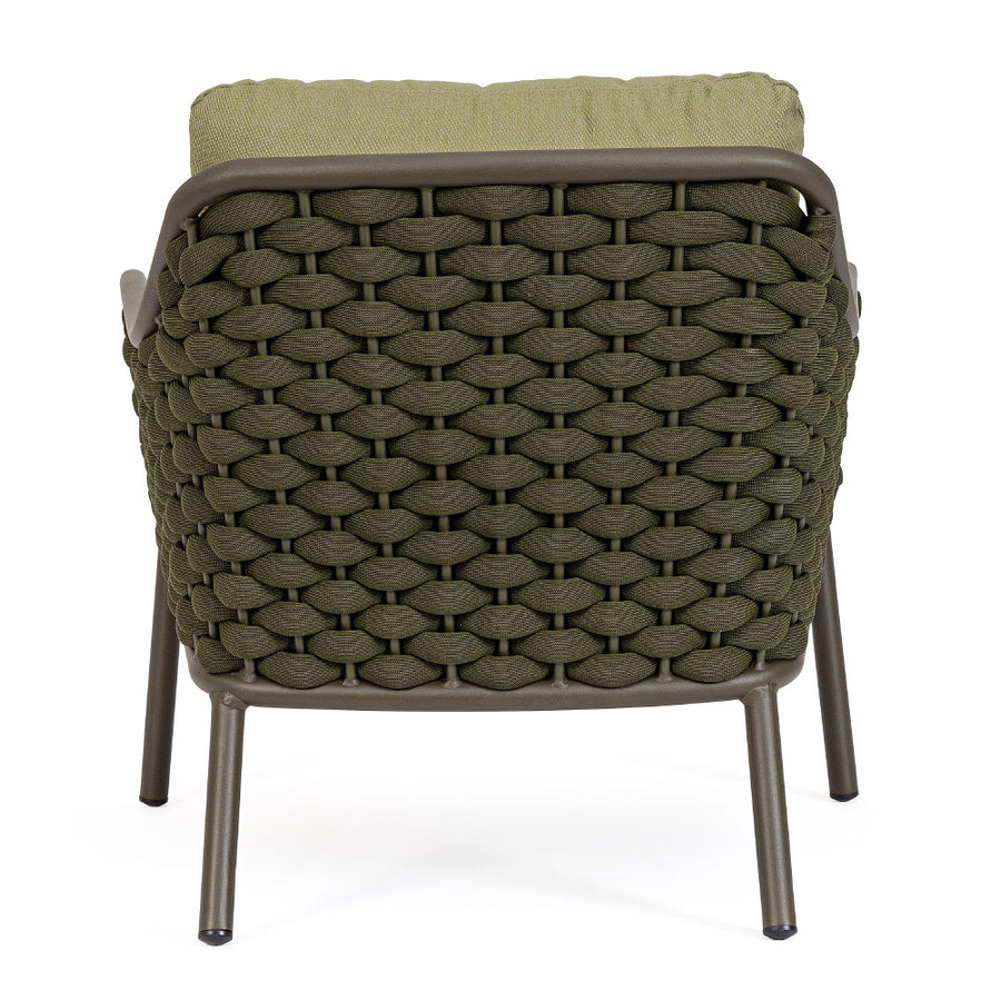 Olívazöld színű, design kerti fotel alumínium vázzal, kötélfonat burkolattal