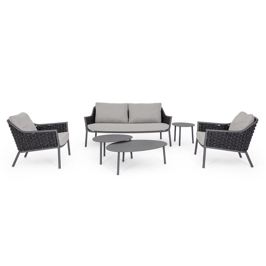 Kétszemélyes, szürke színű, design kerti kanapé alumínium vázzal, kötélfonat burkolattal