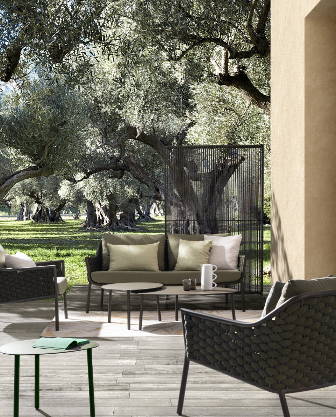 Kétszemélyes, olívazöld színű, design kerti kanapé alumínium vázzal, kötélfonat burkolattal