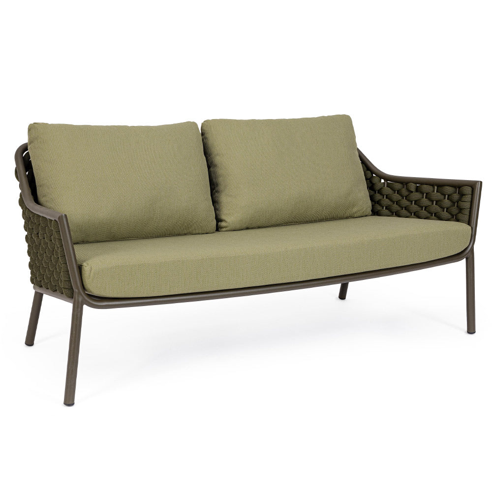Kétszemélyes, olívazöld színű, design kerti kanapé alumínium vázzal, kötélfonat burkolattal