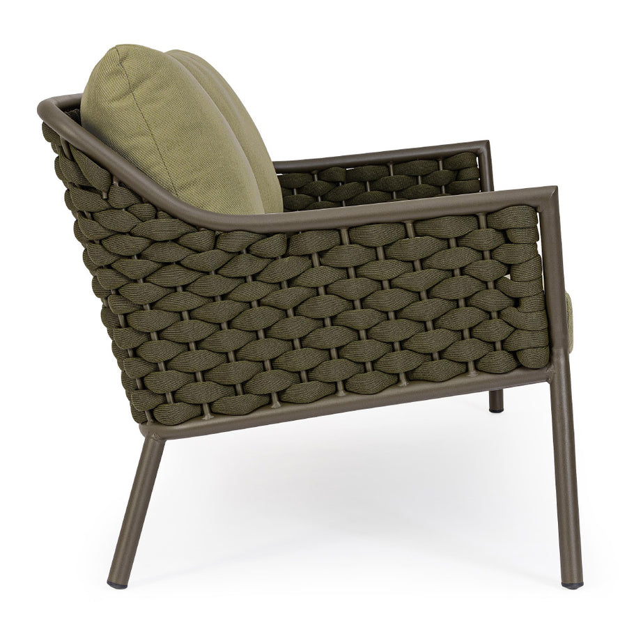 Kétszemélyes, olívazöld színű, design kerti kanapé alumínium vázzal, kötélfonat burkolattal