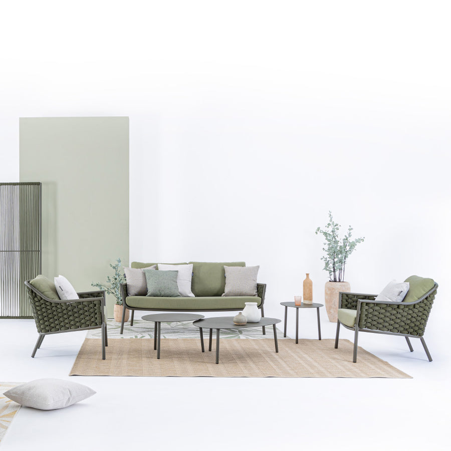 Kétszemélyes, olívazöld színű, design kerti kanapé alumínium vázzal, kötélfonat burkolattal