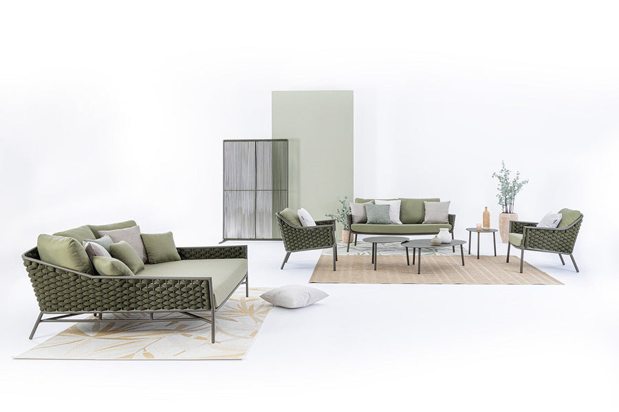 Kétszemélyes, olívazöld színű, kerti pihenőágy alumínium vázzal, kötélfonat burkolattal