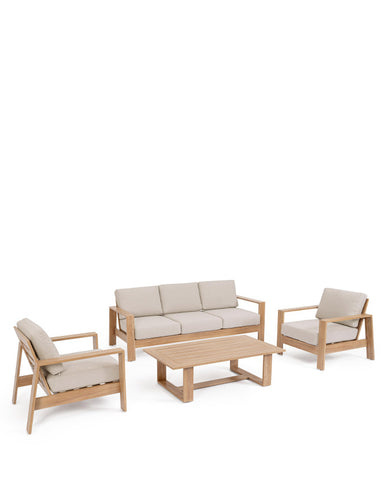 Kortárs stílusú, négy részes, fahatású fém kerti bútor szett bézs színű, olefin kárpitozású ülőfelülettel