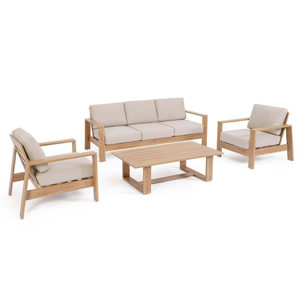 Kortárs stílusú, négy részes, fahatású fém kerti bútor szett bézs színű, olefin kárpitozású ülőfelülettel