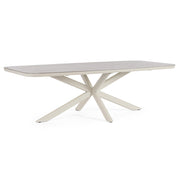 Kortárs, bézs színű, alumíniumvázzal rendelkező kültéri étkezőasztal szinterezett kő fedlappal.