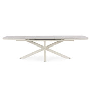 Kortárs, bézs színű, alumíniumvázzal rendelkező, bővíthető kültéri asztal.