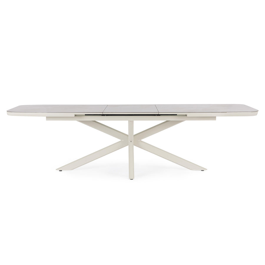 Kortárs, bézs színű, alumíniumvázzal rendelkező, bővíthető kültéri asztal.