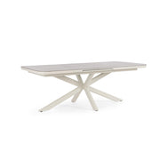 Kortárs, bézs színű, alumíniumvázzal rendelkező, bővíthető kültéri asztal.