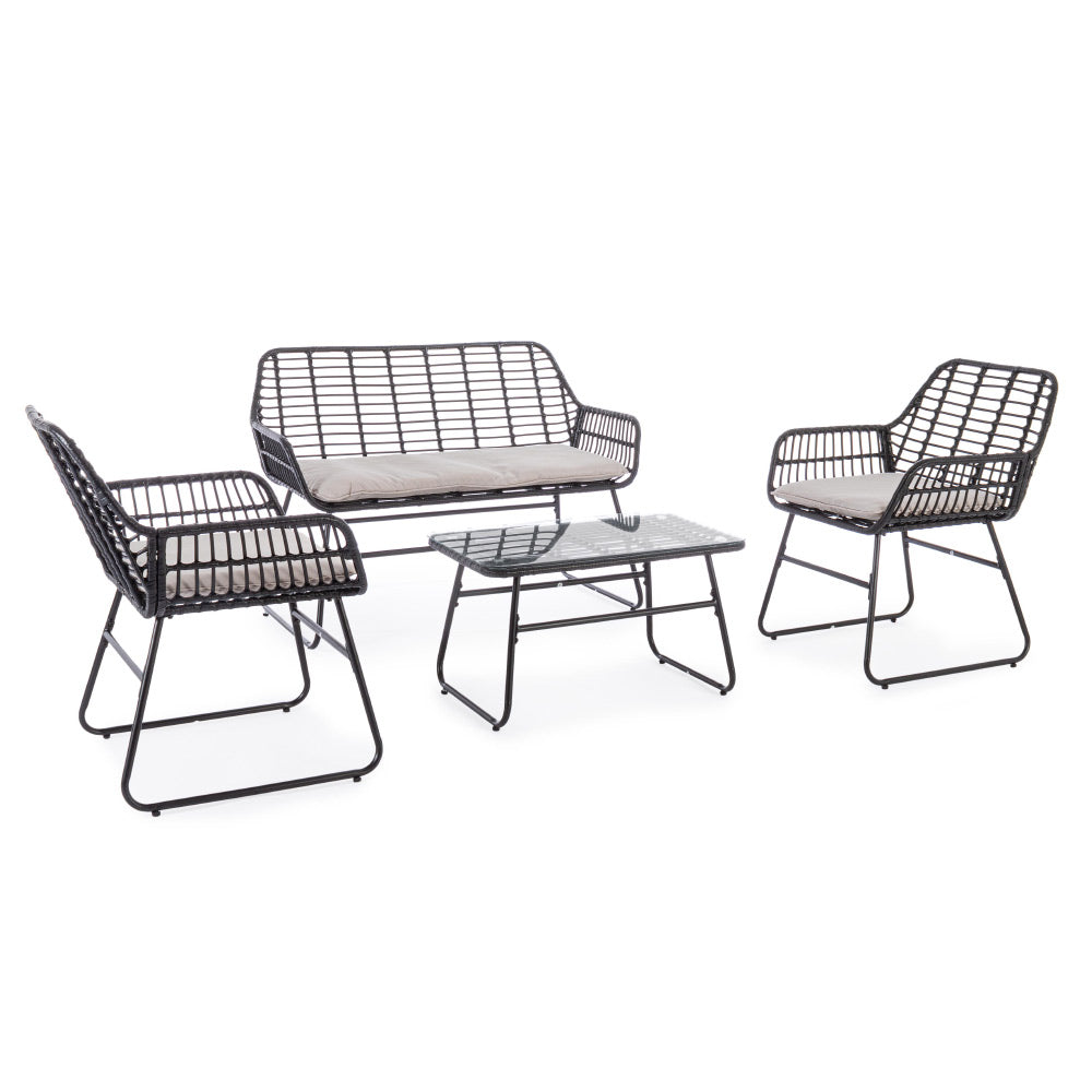 Kortárs, négy részes, fekete színű, fém kerti bútor szett törtfehér színű ülőpárnákkal