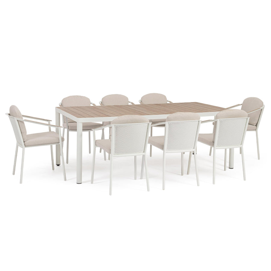 Ulises 9 részes fehér alumínium kerti étkezőgarnitúra bézs párnás székekkel – teljes szett nézet