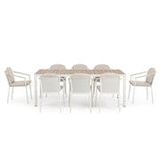 Ulises 9 darabos kültéri étkezőgarnitúra fehér vázzal és bézs székekkel – szemből nézet