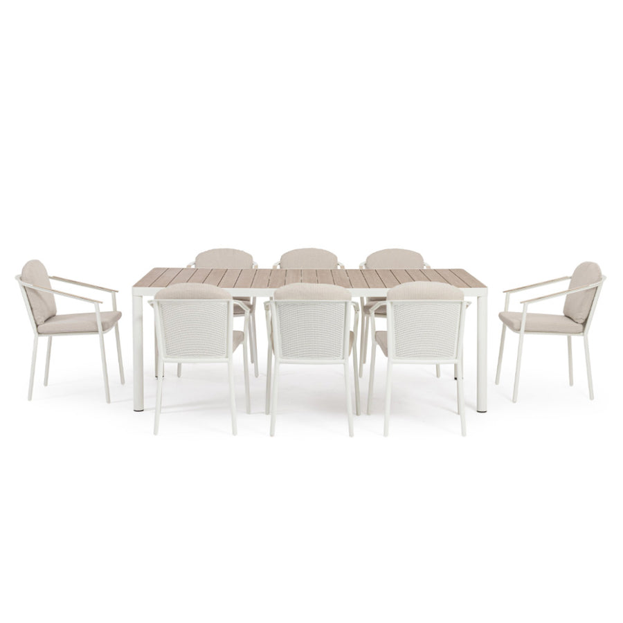 Ulises 9 darabos kültéri étkezőgarnitúra fehér vázzal és bézs székekkel – szemből nézet
